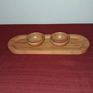 Pampered Chef Bamboo Cracker Snack Tray & 2 Wooden Dip Bowls - Picture 1 of 10
