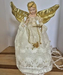 De Colección Angel Tree Topper FUNCIONA 10 Luces Porcelana Cabeza Blanco Con Acentos Dorados 10" - Imagen 1 de 10