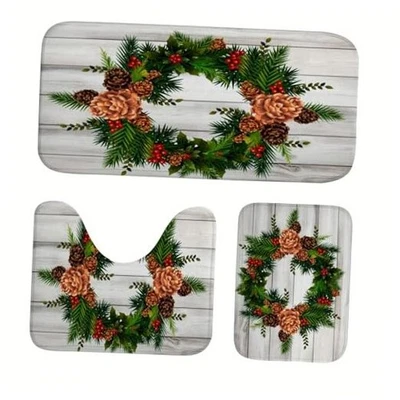 Juegos de alfombras de baño de espuma viscoelástica de 3 piezas, corona de Navidad abeto verde madera blanca Foto 1 de 4
