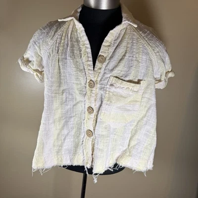 Blusa corta We The Free People amarilla blanca dobladillo crudo mezcla de algodón lino S Foto 1 de 4