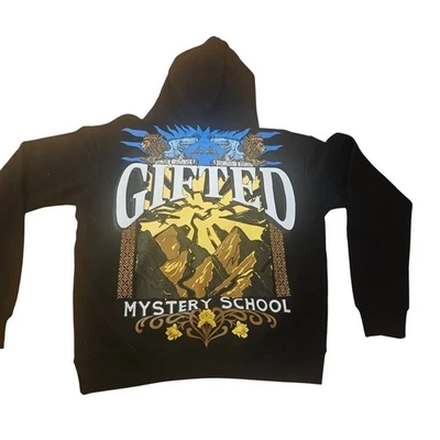 NUEVO CON ETIQUETAS REGALADO Sudadera con Capucha Escuela Misteriosa Talla M Negro Dorado Gráfico Pullover Sudadera Foto 1 de 4