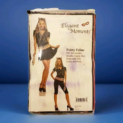 Fantasia Feisty Feline Adulto Halloween 6 Peças Preta Tamanho 1x-2x Momentos Elegantes Nova  - Imagem 1 de 2