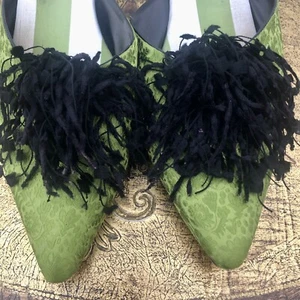 Olivia Rose Tal Slip On Leather Shoes Mules Green Satin Brocade Tasseled Size 10 - Picture 1 of 14