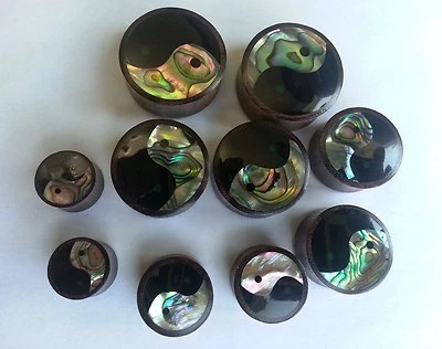 Un par de tapones para los oídos medidores hechos a mano concha de abulón Yin Yang resina madera Sono Foto 1 de 4