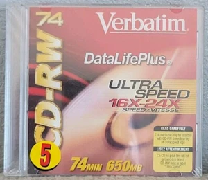 Verbatim CD-RW 74 DataLifePlus Ultra Speed 16X24X 74MIN 650MB 5 PACK - Picture 1 of 2