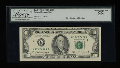 DBR 1990 $100 FRN Chicago Fr. 2173-G Legacy 55 Serial G17277420A - Image 1 of 2