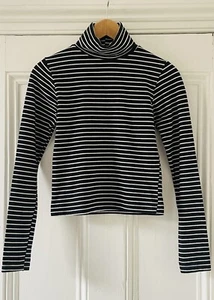 American Apparel Womens Black Stripe Polo Turtle Roll-Neck T-Shirt Top M UK 8-10 - Picture 1 of 13