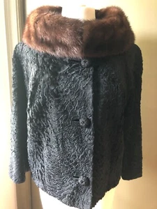 Persian Lamb~Black Curly / Hip Length Coat / Mink Collar Size 8-12 Vintage 1960s - Picture 1 of 14