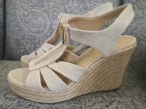 Michael Kors Berkley Canvas Straps Espadrille Wedge Sandal Gold Zip Women's 11M - Picture 1 of 8