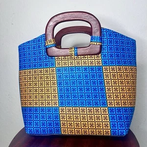 Blue & Yellow African Print Large Purse With Wooden Handles - Picture 1 of 7