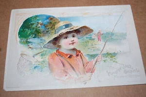 VICTORIAN TRADE CARD 6 WOOLSON SPICE CO MID-SUMMER GREETING BOY FISHING 1890's - Picture 1 of 6