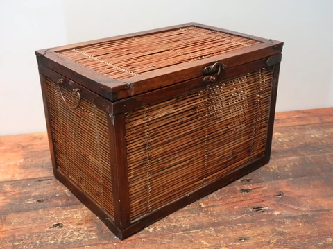 Vintage Wood & Bamboo Storage Box With Hinged Lid D 12.5" x L 19" x H 12.75" Cover