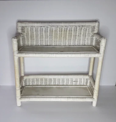 Vintage White Wicker Rattan Wall Shelf 2 Tier Mid-Century Stand - Image 1 of 4