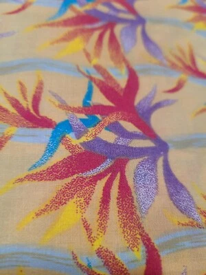 Fabric Cotton Blend 60"W pale yellow background w vibrant purple Teal Fusia - Image 1 of 4