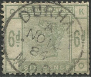 GB QV 1884 SG194 K24 6d Dull green letters "KO" F/USED DURHAM (clipped) Cat£240 - Picture 1 of 2