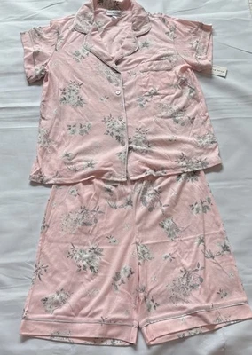 Juego de dormir Miss Elaine para mujer (top y pantalones cortos) rosa/gris floral algodón/poliéster L nuevo con etiquetas Foto 1 de 4