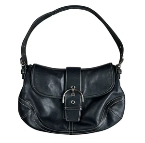 Bolso de hombro Coach Hobo Soho Y2K vintage con hebilla solapa de cuero negro 9248 - Imagen 1 de 16