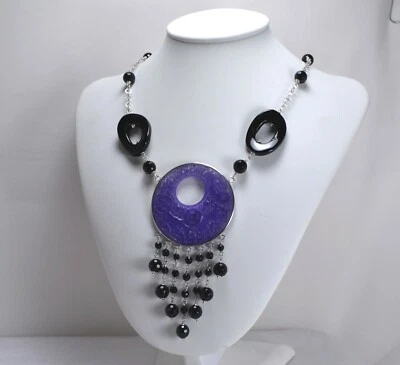 Collar de Plata 925 Con Jade Violeta Y Ónix Facetado Colgante Agln 079 - Imagen 1 de 3