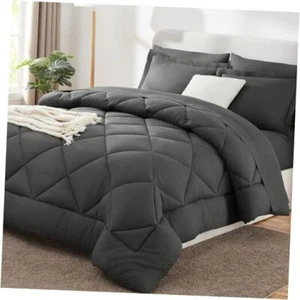 Bed in a Bag 7-Pieces Comforter Sets with Comforter and Sheets Queen Dark Grey - Picture 1 of 7