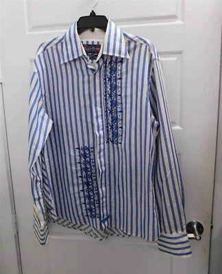 全新 中国洗衣蓝色白色条纹刺绣纽扣衬衫 L — 第 1/4 张图片