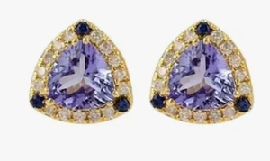 0.75ct natural round diamond 14k yellow gold blue sapphire wedding stud earrings - Picture 1 of 3