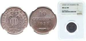 San Marino 1935 R 10 Centesimi Bronze NGC MS 62 - Picture 1 of 1