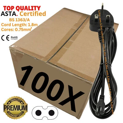 Bulk LOT 100 New 2m C7 Figure 8 Fig8 UK 2 Pin Laptop TV LCD Mains Power Cable - Image 1 of 4