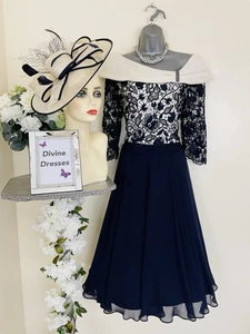 Mother of Bride Groom Condici Size 14 Navy & Cream 45" Dress & Hatinator - Picture 1 of 12