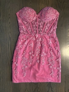 Women’s Strapless Pink Short Dress With Lace, Size 6, Worn 1 Time - Picture 1 of 2