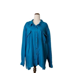 SilkStar 100 Percent Silk Blue Oversized Button Down Shirt Womens 2X Long Sleeve - Bild 1 von 5