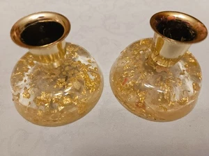 Paar Vintage MCM Kerzenständer klar mit Goldflecken Plexiglas - Bild 1 von 5