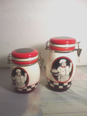 Vintage Italian Chef Cannister Jar Lot of 2 Kitchen Decor Black/Red Varied Sizes - Image 1 of 4