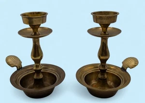 Ancien bougeoir de chambre en laiton manche coquillage 6" - Photo 1/6