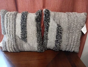 2 Pier 1 One Throw Pillows Square Metallic Textured Woven Rug 18"X 18"~EUC ~ - Picture 1 of 9
