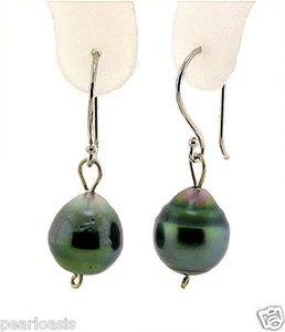 8.7X9.4MM Tahitian Pearl Dangle Earrings, 14K White Gold French Wires, NEW - Picture 1 of 2