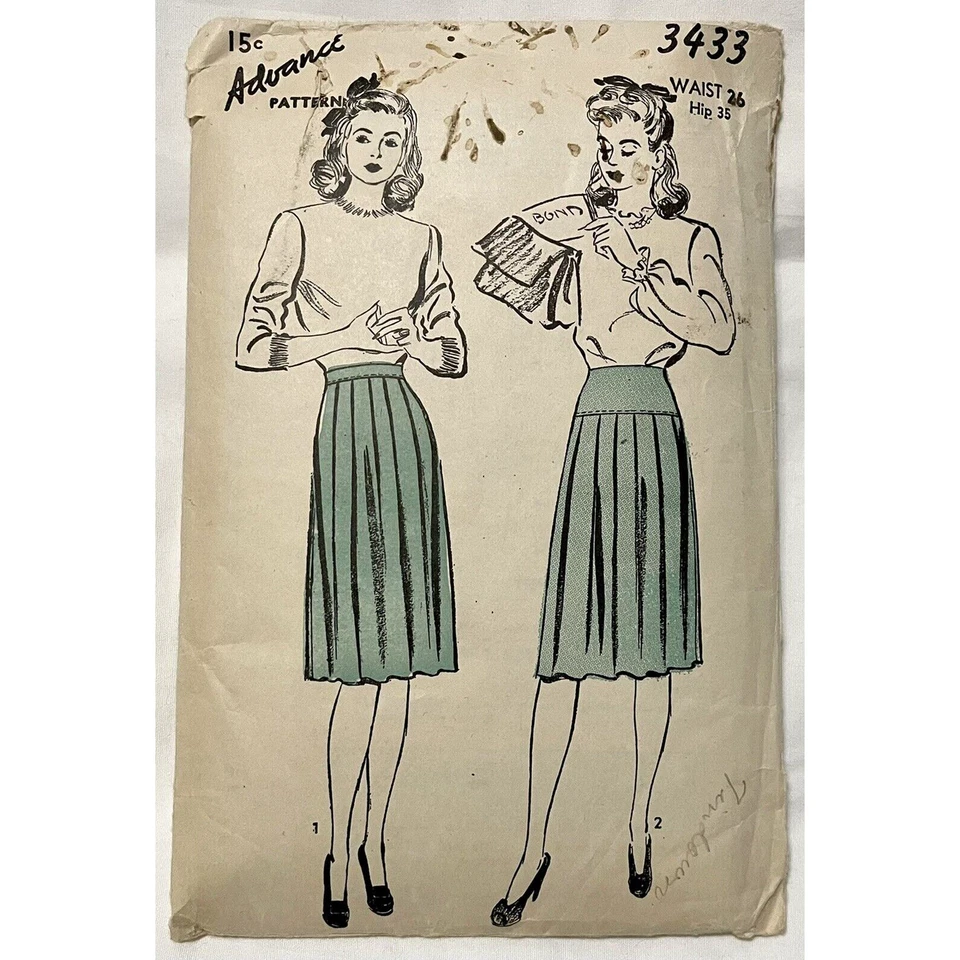 Vintage Sewing Pattern Advance 3433 Skirt Pleated Belt Yoke UNCUT 1940's Era - Image 1 of 4