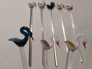 8 Vtg MCM Hand Blown Art Glass Swimming Long Neck Birds Swans Swizzle Sticks - Picture 1 of 13