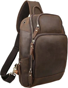Vintage Full Grain Genuine Leather Sling Bag Crossbody Chest Shoulder Backpack - Picture 1 of 7