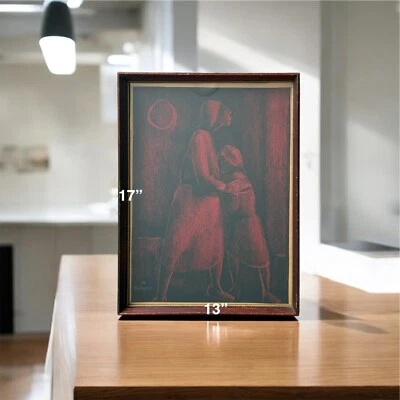 Dibujo pastel original firmado vintage madre e hijo Foto 1 de 4