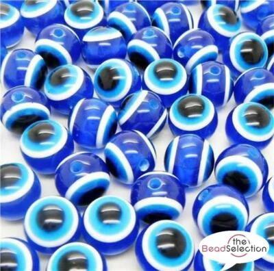 100 BLUE EVIL EYE ROUND ACRYLIC RESIN BEADS 8mm TOP QUALITY ACR154 - Image 1 of 2