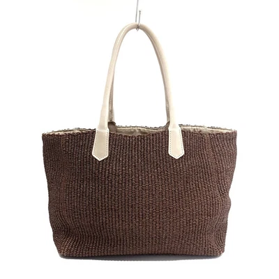 Auth CHRISTIAN VILLA - Dark Brown Beige Straw Hemp Leather Tote Bag — 第 1/4 张图片