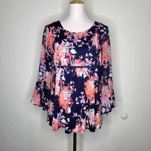New Directions Sz L Blue Floral Bell Sleeve Peasant Top Renaissance Ren Fest - Picture 1 of 6