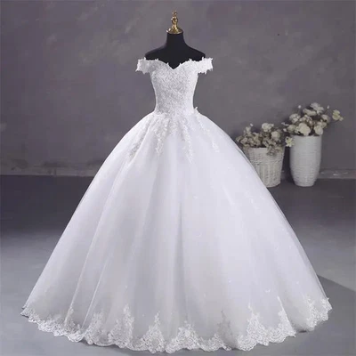 Elegant White WeddingDresses Ball Gown Boat Neck Applique Tulle BrideGown Custom - Image 1 of 4
