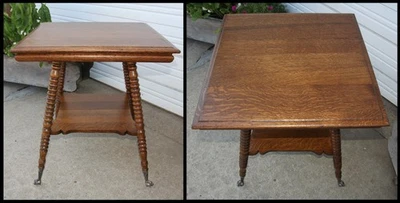 Antique Tiger Oak Lamp Accent Table Ormolu Glass Ball Feet Chittenden & Eastman - Image 1 of 4