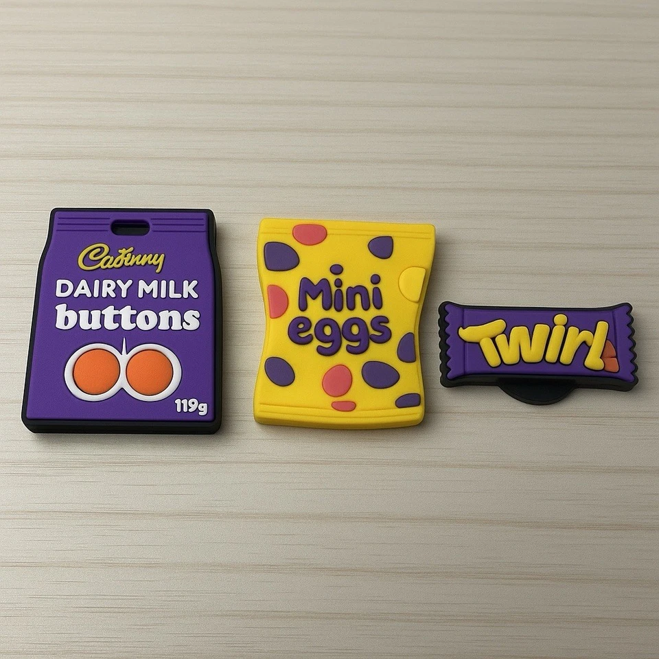 SNACK CHARMS Cadburys croc charm set X3 Mini eggs, Chocolate buttons And Twirl
