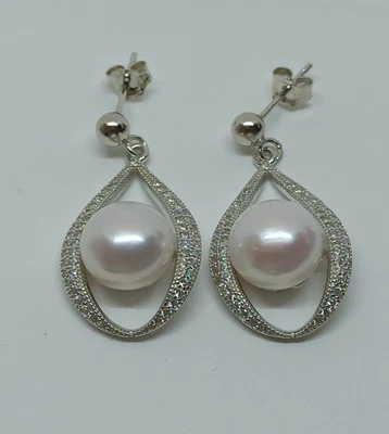 ORECCHINI IN ARGENTO 925 FANTASIA OVALI ZIRCONI E PERLE TONDE VERE 10 (AMFO0472) - Immagine 1 di 3