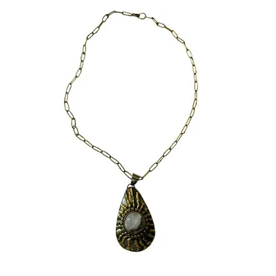 Teardrop Pendant Necklace Sunburst Design Bohemian Artisan Brass Gemstone - Image 1 of 4