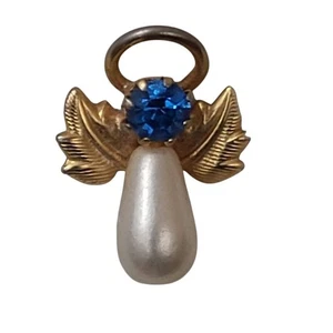 Vintage Engel Pin blau Strass Kopf Kunstperlen Körper goldfarben Flügel Heiligenschein - Bild 1 von 5