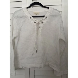 Cloth & Stone White Crinkle Cotton Gauze Long Sleeve Lace-Up Peasant Top - Picture 1 of 9