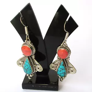 Pendientes Turquesa Tibetana Regalo Navidad Joyería Hecha a Mano para Mujer con Estilo - Imagen 1 de 7